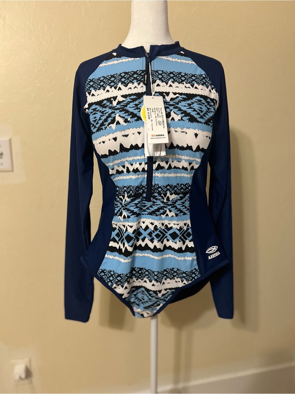 Akesis Zip-Front Long Sleeve One-Piece Swimsuit - Navy & Light Blue